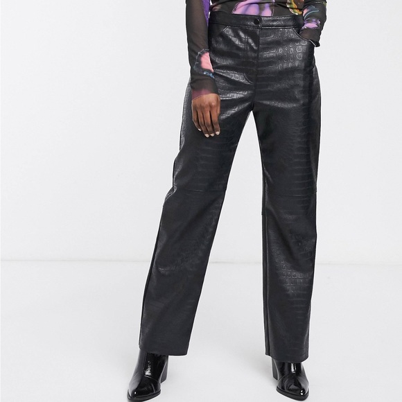 Joie Croc Vegan Leather Hi Rise Pull On Black Pants Size Large NWT - Picture 1 of 10